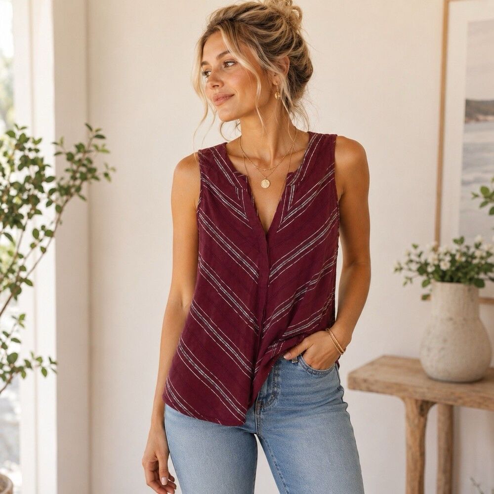 Sanctuary Top Burgundy Striped Sleeveless V Neck Button Front Linen Blend Sz XS
